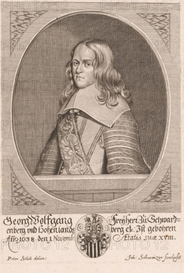 Portrait of Georg Wolfgang zu Schwarzenberg, Members of the Schwarzenberg-Hohelandsberg family, print, printmaker: Johann Schweizer, after drawing by Pieter Schick, 1640 - 1670, paper, engraving, height 229 mm x width 160 mm, Person, Georg Wolfgang zu Schwarzenberg, historical persons, armorial bearing, heraldry, A finely detailed engraved portrait of a person shown from the waist up within an oval frame, wearing a broad, flat collar and a richly patterned sash across the chest; the figure has long, wavy hair falling to the shoulders and a composed facial expression, with subtle shading and crosshatching defining the face and hair. The background inside the oval is densely hatched, and the outer rectangular border contains decorative triangular hatch patterns in the corners. Below the oval is a horizontal panel containing a heraldic shield topped by a crowned crest, flanked by flowing ornamental motifs, and beneath that are lines of ornate handwritten script. The entire image uses fine...