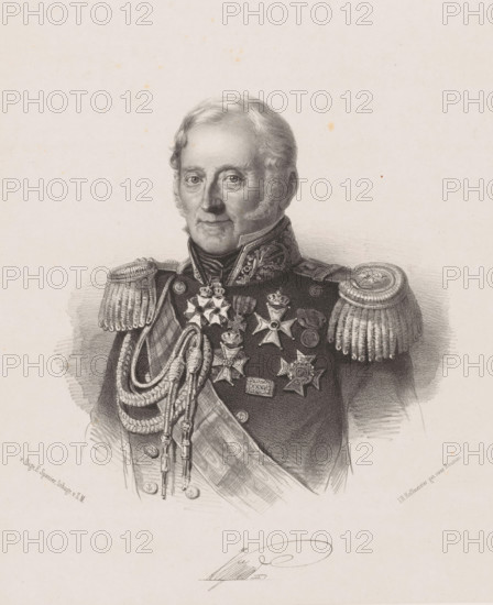 Portrait of Jan Coenraad Koopman, print, Below the portrait the signature of the sitter., printmaker: Johan Hendrik Hoffmeister, Netherlands, printer (person): Koninklijke Steendrukkerij van E. Spanier, The Hague, c. 1851 - c. 1883, printer (person), paper, chine collé, lithography, lithography on chine collé, height 495 mm x width 355 mm, Person, Jan Coenraad Koopman, historical persons ((full) bust portrait), knighthood order, A black and white portrait drawing of an older man shown from the chest up wearing a highly decorated military uniform with ornate epaulettes, braided cords, and a sash across his torso; his coat front displays multiple star-shaped medals and badges clustered on the chest, and the high collar has embroidered detailing; his face is rendered with soft shading showing short hair and sideburns, a calm expression, and direct gaze; the background is plain with light shading behind the shoulders and faint spots on the paper.