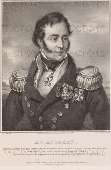 Portrait of Jan Coenraad Koopman, print. The sitter is wearing a military uniform with decorations on his chest and around his neck. Below the portrait are his name and positions. According to the caption, Jan Willem Pieneman painted the painting at Fort Het Vlaamsche Hoofd in Antwerp., printmaker: Carel Christiaan Antony Last, Netherlands, after painting by Nicolaas Pieneman, Antwerp, printer (person): Desguerrois & Co., Amsterdam, publisher: Buffa en Zonen, Frans, 1834, printer (person), paper, chine collé, lithography, lithography on chine collé, height 375 mm x width 280 mm, Person, Jan Coenraad Koopman, historical persons ((full) bust portrait), knighthood order, A monochrome portrait of a man shown from the chest up wearing a double-breasted military coat with ornate shoulder epaulettes and multiple decorative medals pinned to his chest, his coat collar turned up and a cravat around his neck, his hair dark and wavy with sideburns, his gaze turned slightly to one side, a softly sh...
