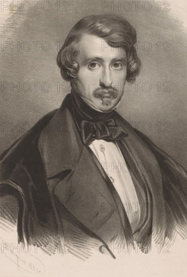 Portrait of Pierre Kremer, print, inscription: 'P. Kremer', label: 'vS II, no 3063*', printmaker: Charles Baugniet, after painting by Gustave Wappers, 1839, paper, chine collé, lithography, height 339 mm x width 248 mm, Person, Pierre Kremer, historical persons, adult man, mustache, A monochrome portrait of a man shown from the chest up wearing a dark coat with wide lapels and a high-collared shirt beneath, the shirt front lighter in tone and fastened with decorative buttons; he has a bow tie with pronounced loops and a draped garment over his shoulders. The man has neatly styled hair with waves framing his forehead and ears, a thin mustache and small goatee, and a composed facial expression with direct eyes. The background is textured with soft shading that darkens near the head and lightens toward the edges, and the drawing features visible pencil or charcoal strokes throughout the clothing and background.