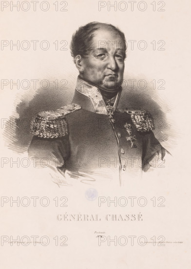Général Chassé, Portrait of David Hendrik Chassé, print, Series number, 4, printmaker: Bernard Romain Julien, printer (person): Jean François Benard, Paris, publisher: Aubert & Cie., c. 1832 - c. 1838, printer (person), paper, lithography, height 363 mm x width 277 mm, Person, David Hendrik baron Chassé, historical persons, A monochrome portrait drawing of a man shown from the chest up wearing a dark military uniform with decorated epaulettes and an ornate high collar, his face turned slightly to one side with a neutral expression, short wavy hair, and shading around the shoulders and background creating contrast.