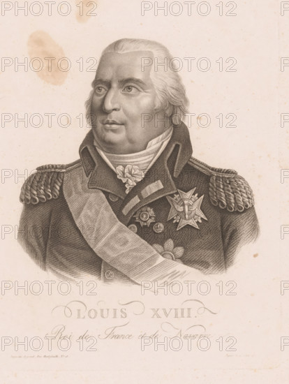 Louis Legrand, Veuve Chereau, printmaker, publisher, Paris, France, paper, stipple work, engraving, height 248 mm x width 188 mm, Person, Louis XVIII (king of France), historical persons, ruler, sovereign, A monochrome engraved portrait of a man shown from the chest up wearing a military uniform with epaulettes and a high collar, a sash across his torso, decorative medals and a star pinned to his chest, and a cravat at his neck; he has swept-back hair, a rounded face, and a calm expression, set against a plain background with light spots and stains.