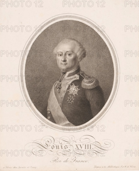 Portrait of Louis XVIII, King of France, print, printmaker: Blasius Hoefel, after drawing by Peter Krafft, publisher: Artaria & Co., Vienna, grantor of privilege: Bibliotheque J. et R., 1802 - 1824, Lower Austria, paper, stippling, height 260 mm x width 210 mm, Person, Louis XVIII (King of France), historical persons, ruler, sovereign, knighthood order, knighthood order of the Golden Fleece - insignia of a knighthood order, eg: badge, chain (with NAME of order), A framed oval portrait of a man shown from the chest up wearing a formal military uniform with decorative epaulettes and sash, a high collar, and several ornate medals or badges on his chest, the man has light-colored hair styled short and wavy and a neutral facial expression, the portrait is rendered in fine stippled shading on a light background with decorative flourishes below the oval.