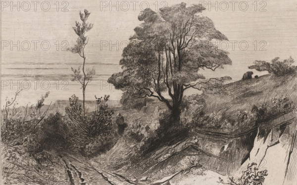 Country road near Warnant, Souvenir de Moulins-Warnaut (original title), print, Country road in a hilly landscape with trees. A figure with a basket walks in the middle., inscription: 'a moulins warnants près d'yvoir', printmaker: Carel Nicolaas Storm van 's-Gravesande, c. 1872, Carel Nicolaas Storm van 's-Gravesande, printmaker, paper, chine collé, etching, intaglio printmaking technique, height 171 mm x width 268 mm, road, path, low hill country (landscape with figures, staffage), Warnant, A monochrome etching shows a hillside landscape with a winding dirt path leading toward a large tree with multiple trunks and dense foliage, surrounded by smaller trees and shrubs. A solitary cloaked figure stands on the path near the tree, holding something by their side. The foreground contains textured ground, low vegetation, and wooden planks or fencing partially visible along a slope. In the distance the horizon is flat and horizontal, with faint horizontal lines suggesting a calm expanse beyo...