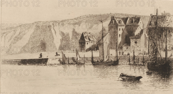 Dieppe, l'avant-port et le faubourg du Pollet (original title), Harbour view in Dieppe, print, title: 'Le pollet a Dieppe', printmaker: Carel Nicolaas Storm van 's-Gravesande, c. 1873, Carel Nicolaas Storm van 's-Gravesande, printmaker, paper, etching, intaglio printmaking technique, height 152 mm x width 236 mm, harbour, A sepia-toned ink drawing shows a coastal scene with steep, textured cliffs in the background and a small harbor in front. Several multi-story buildings with pitched roofs and detailed shingles line the shore, some connected by walls and narrow alleys. Multiple sailing vessels with furled and partially raised sails are anchored near the quay, their masts and rigging rising above the water. A large boat rests close to the right edge with stacked nets or cargo on its deck, and a small rowboat floats nearer the foreground. Figures stand or sit along the shoreline and on the quay, and a few small figures appear in boats near the middle distance. The water reflects the boa...