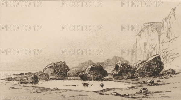 Eboulement de rochers près de Veules (original title), Boulders at Veules, Souvenir du Hâvre (original series title), print, View of boulders on the coast at Veules., printmaker: Carel Nicolaas Storm van 's-Gravesande, c. 1873, Carel Nicolaas Storm van 's-Gravesande, paper, etching, intaglio printmaking technique, height 155 mm x width 235 mm, rocky coast, Veules (city), A monochrome line drawing of a rocky shoreline with large textured boulders scattered along the shallow water and sand, a steep cliff face rising on the right with vertical and diagonal etched lines, distant low rocky formations along the horizon, fine horizontal and slanted hatch marks suggesting sky and water surface, and smaller stones and ripples in the foreground.