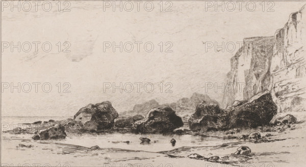 Eboulement de rochers près de Veules (original title), Boulders at Veules, Souvenir du Hâvre (original series title), print, View of boulders on the coast at Veules., printmaker: Carel Nicolaas Storm van 's-Gravesande, c. 1873, Carel Nicolaas Storm van 's-Gravesande, paper, chine collé, etching, intaglio printmaking technique, height 157 mm x width 238 mm, rocky coast, Veules (city), A monochrome sketch of a rocky shoreline with large boulders scattered along a shallow waterline and smaller stones on wet sand, detailed cross-hatching showing textures and reflections on the water; steep cliffs rise on the right with striated rock faces and ledges, while distant rocky formations recede toward the center; a wide sky with faint linear shading and a few small birds in flight; the foreground shows rippled sand and tide pools with scattered pebbles.