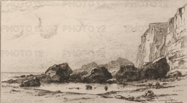 Eboulement de rochers près de Veules (original title), Boulders at Veules, Souvenir du Hâvre (original series title), print, View of boulders on the coast at Veules., printmaker: Carel Nicolaas Storm van 's-Gravesande, c. 1873, Carel Nicolaas Storm van 's-Gravesande, paper, etching, intaglio printmaking technique, height 151 mm x width 235 mm, rocky coast, Veules (city), A wide coastal scene rendered in delicate linework shows a shoreline with large jagged rocks sitting in shallow water and on wet sand, a few smaller scattered stones near the foreground, and a long piece of driftwood partially submerged. To the right, steep, textured cliffs rise from the beach with layered striations and shadowed recesses. In the middistance low rocky outcrops and a distant cliff line stretch toward the horizon. The sky above is filled with soft, streaked clouds and a few small birds in flight, and the water near the shore reflects the tones and lines of the rocks and sky.