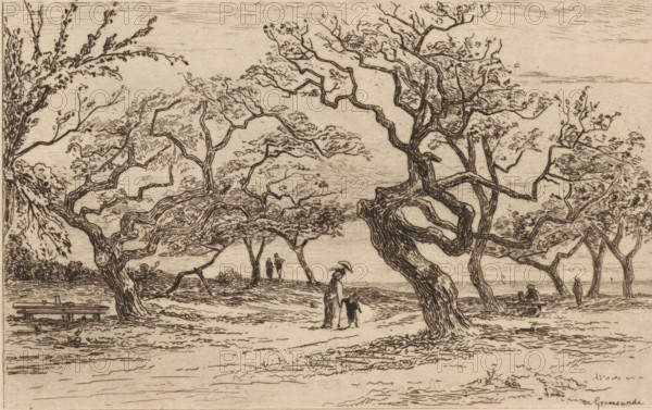 View of an orchard near Honfleur, Verger près de Houfleur (original title), print, In the middle, a woman with a parasol and a child by the hand walks between the trees., printmaker: Carel Nicolaas Storm van 's-Gravesande, c. 1873, Carel Nicolaas Storm van 's-Gravesande, paper, etching, intaglio printmaking technique, height 138 mm x width 215 mm, orchard, Honfleur, A sepia-toned etching shows a shoreline scene with many gnarled, windswept trees whose twisted trunks and branches spread across the composition, their sparse foliage rendered with fine lines. In the foreground a woman holding an umbrella stands beside a small child, both facing toward the water. Nearby a bench sits under a tree, and farther back another bench holds a seated figure while a standing figure walks along the shore. Two figures stand together near the waterline in the midground. The surface of the water and the sky are indicated by horizontal hatch marks, and low vegetation lines the distant shore. The overall i...