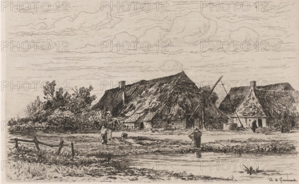 Farm near Kalmthout, Une ferme à Calmpthout (original title), print, In the foreground two women are doing the laundry., printmaker: Carel Nicolaas Storm van 's-Gravesande, 1873, Carel Nicolaas Storm van 's-Gravesande, paper, chine collé, etching, intaglio printmaking technique, height 137 mm x width 216 mm, farm or solitary house in landscape, Kalmthout, A wide landscape sketch shows several thatched-roof buildings along a flat shoreline, with tall roofs rendered in dense hatch lines and a triangular roofed structure among them. In front of the buildings there is a simple wooden fence and grassy, uneven ground leading to a narrow body of water in the foreground. Two standing figures are visible near the shore, each wearing long garments, and another small figure appears near the buildings. A leaning pole structure with ropes is positioned beside one of the roofs. Clusters of bushes and trees appear behind and between the buildings, and the sky above is filled with layered, linear clou...