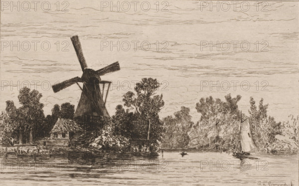 Windmill in Loenen aan de Vecht, Loenen sur le Vecht (original title), print, View of the Vecht with a windmill on the left bank., printmaker: Carel Nicolaas Storm van 's-Gravesande, c. 1873, Carel Nicolaas Storm van 's-Gravesande, paper, etching, intaglio printmaking technique, height 200 mm x width 270 mm, windmill in landscape, river, Loenen (Utrecht), Loenen aan de Vecht, A monochrome line drawing of a waterfront scene showing a large traditional windmill with four sails rising above clustered trees and buildings, a small pitched-roof house near the mill, dense foliage along the shore, a calm body of water in the foreground with subtle reflections, a small boat with a single occupant on the water, and a sailboat with a tall sail near the right edge, all beneath a wide sky filled with horizontal, sketch-like cloud lines.