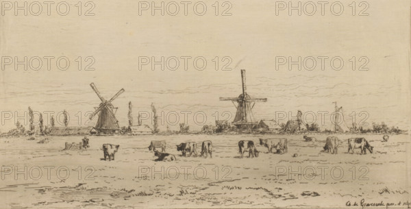 Polder near Weesp, Un polder près de Weesp (original title), print, View of a meadow with cows. Two windmills on the horizon., printmaker: Carel Nicolaas Storm van 's-Gravesande, after design by Carel Nicolaas Storm van 's-Gravesande, c. 1873, Carel Nicolaas Storm van 's-Gravesande, printmaker, paper, etching, intaglio printmaking technique, height 130 mm x width 236 mm, polder, reclaimed land, windmill in landscape, cow, Weesp, A wide, horizontal sketch of a flat rural landscape showing two large windmills with sails, low buildings and trees along the horizon, and a foreground pasture with grazing and resting cows scattered across the field, all drawn in fine pen lines on a light, textured background.