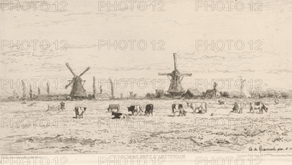 A polder near Amsterdam (original title on object), print, View of a meadow with cows. Two windmills on the horizon., number: '288.', printmaker: Carel Nicolaas Storm van 's-Gravesande, after design by Carel Nicolaas Storm van 's-Gravesande, printer (person): Alfred Cadart, Paris, c. 1873, Carel Nicolaas Storm van 's-Gravesande, Alfred Cadart, printmaker, printer (person), publisher, paper, etching, intaglio printmaking technique, letterpress printing, etching with plate tone and text in letterpress, height 126 mm x width 232 mm, polder, reclaimed land, windmill in landscape, cow, Weesp, A wide, lightly sketched landscape shows flat grassy fields with patches of water in the foreground and a group of grazing and resting cows scattered across the middle ground; behind them are low buildings and two tall windmills with visible sails, one on the left with crossed sails and one nearer the center with a vertical post and horizontal arms, flanked by slender trees and hedgerows. The sky is fi...