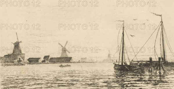 Souvenir de Zaandam (original title), View of Zaandam with boats and windmills, print, View of a river or canal. Three windmills stand on the bank. Two moored sailboats lie on the right., printmaker: Carel Nicolaas Storm van 's-Gravesande, 1875, Carel Nicolaas Storm van 's-Gravesande, paper, etching, intaglio printmaking technique, height 177 mm x width 260 mm, windmill in landscape, water course, Zaanstreek, Zaandam, A wide horizontal sketch of a waterfront scene with windmills and boats, drawn in fine lines on a light background. Along the left and center shoreline are buildings and several windmills with tall conical bases and angled sails, some small structures clustered near them. A small rowboat with two figures is on the water near the center. On the right, larger sailboats are moored with tall masts, visible rigging, and hull details, and pilings project from the water beside them. Birds are sketched in the sky above the right side. The water in the foreground is rendered with ...