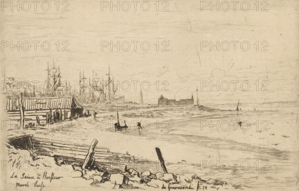 La Seine à Honfleur, marée basse (original title on object), print, The bank of the Seine near Honfleur at low tide., printmaker: Carel Nicolaas Storm van 's-Gravesande, 1874, Carel Nicolaas Storm van 's-Gravesande, paper, etching, intaglio printmaking technique, height 120 mm x width 178 mm, ebb, low tide, Seine, Honfleur, A sepia-toned etching showing a coastal scene with a shoreline in the foreground strewn with rocks and wooden posts and planks, a small beached boat partly visible at the lower left, and a wooden shed or boathouse set back along the shore. Further along the shore are masts and rigging of multiple tall ships clustered near a dock area, with a few small boats on the shallow water and a lone figure standing in the water near one of them. In the middle distance a low promontory with a few structures and a tall narrow tower rises from the water, while the sea stretches toward the horizon on the right with faint distant boats and a few birds over the water. The sky is lig...
