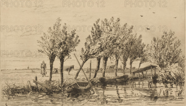 Polder near Loenen (original title), The Netherlands (original series title), print, In the foreground, two rowboats lie in the water. A row of pollard willows stands on the bank. In the polder behind it, a farmer's wife walks among the cows with a yoke and two buckets., printmaker: Carel Nicolaas Storm van 's-Gravesande, c. 1877, Carel Nicolaas Storm van 's-Gravesande, printmaker, paper, etching, intaglio printmaking technique, height 157 mm x width 248 mm, polder, reclaimed land, water course, carrying something with yoke, Loenen (Utrecht), A sepia-toned landscape sketch shows a calm riverside scene with several leafed trees along the bank, their branches detailed with fine crosshatching, and a small wooden boat moored at the water's edge with an oar resting across it. A simple shelter on stilts extends over the water near a cluster of dense foliage, and wooden posts and planks lie scattered along the shore. In the middle ground a figure in plain clothing stands on the grassy plain n...