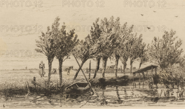 Polder near Loenen, Polder près de Loenen (original title), La Hollande (original series title), print, In the foreground, two rowboats lie in the water. A row of pollard willows stands on the bank. In the polder behind it, a farmer's wife walks among the cows with a yoke and two buckets., printmaker: Carel Nicolaas Storm van 's-Gravesande, c. 1877, Carel Nicolaas Storm van 's-Gravesande, printmaker, paper, etching, intaglio printmaking technique, height 159 mm x width 250 mm, polder, reclaimed land, water course, carrying something with yoke, Loenen (Utrecht), A monochrome etching shows a calm riverside scene with a small wooden rowboat moored at the water’s edge and another boat nearby, reflected in rippling water. A line of leafy trees stands along the bank, their trunks and branches sketched with fine crosshatching, and a simple sloped-roof shelter or boathouse sits partially over the water. In the background a figure in plain clothing walks across an open field where grazing anima...
