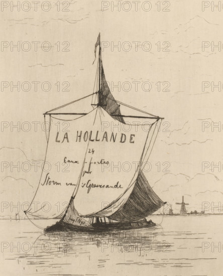 Vaisseau sur la Meuse (original title), Sailing ship on the Meuse, La Hollande (original series title on object), print, title print, On the sail of the ship is the title: 'La Hollande 24 Eaux-fortes par Storm van 's Gravesande'., printmaker: Carel Nicolaas Storm van 's-Gravesande, printer (person): François Nys, 1851 - 1910, Carel Nicolaas Storm van 's-Gravesande, François Nys, printmaker, printer (person), paper, etching, intaglio printmaking technique, height 222 mm x width 174 mm, sailing-ship, sailing-boat, Meuse, A pencil or ink drawing of a sailing vessel seen in profile on calm water, showing a large sail with faint handwriting partially visible on it, a tall mast with rigging and a smaller triangular sail, a shaded hull with crosshatched texture and reflected lines in the water beneath, a distant shoreline with small buildings and windmills on the horizon, and a sky with light, thin cloud lines.