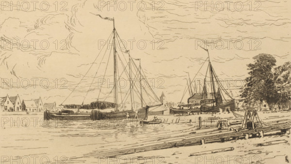 Scheepswerf in Muiden, Chantiers à Muiden (original title), print, printmaker: Carel Nicolaas Storm van 's-Gravesande, c. 1877, Carel Nicolaas Storm van 's-Gravesande, paper, etching, intaglio printmaking technique, height 160 mm x width 247 mm, shipyard, shipdock, Muiden, A sepia-toned line drawing of a harbor scene showing several sailing boats moored at a waterfront, their tall masts and rigging drawn with fine lines, one boat closer to the foreground with a small rowboat alongside, a long dock or quay with wooden beams and posts extending into the water, clustered low buildings with pitched roofs along the shore to the left, a larger boathouse or warehouse near the right, and a stand of trees beside it, all beneath a sky filled with stylized, sweeping cloud lines.