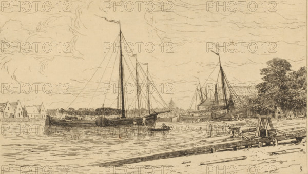 Scheepswerf in Muiden, Chantiers à Muiden (original title), print, printmaker: Carel Nicolaas Storm van 's-Gravesande, c. 1877, Carel Nicolaas Storm van 's-Gravesande, paper, etching, intaglio printmaking technique, height 160 mm x width 250 mm, shipyard, shipdock, Muiden, A sepia-toned line drawing of a riverside scene showing several sailing vessels moored near a wooden pier, with tall masts and rigging reaching into a sky filled with swirling clouds. Along the shoreline there are low gabled buildings and warehouses, and a cluster of trees with dense foliage. The foreground shows timber planks, pilings, and simple dock equipment arranged along the water's edge. Reflections and ripples are sketched on the water surface, and small rowboats lie alongside the larger ships. Subtle shading and crosshatching define the hulls, rooftops, and textured clouds.