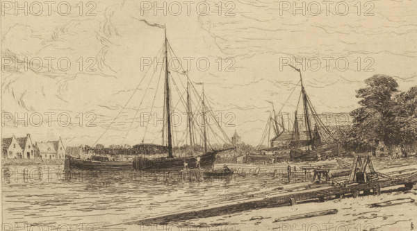 Scheepswerf in Muiden, Chantiers à Muiden (original title), print, printmaker: Carel Nicolaas Storm van 's-Gravesande, c. 1877, Carel Nicolaas Storm van 's-Gravesande, paper, etching, intaglio printmaking technique, height 160 mm x width 248 mm, shipyard, shipdock, Muiden, A sepia-toned etching shows a riverside scene with sailing vessels moored along a wooden quay, tall masts and rigging rising against a sky with wispy clouds, low buildings and gabled houses along the far bank, a cluster of sheds and boats on the near shore, figures working on the docks and small rowboats in the water, reflected ripples on the river surface, and trees with dense foliage framing the right side.