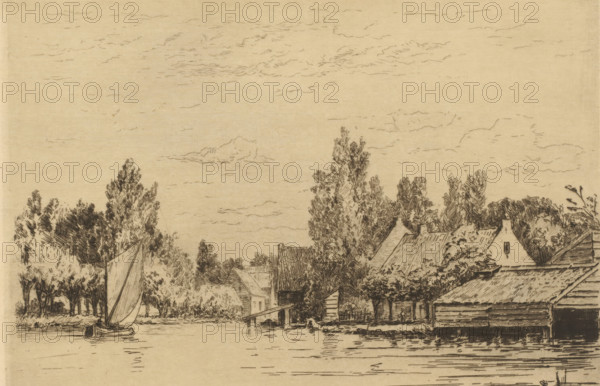 The village of Abcoude (original title), View of Abcoude, The Holland (original series title), print, Village view by the water, with a sailboat in the foreground., printmaker: Carel Nicolaas Storm van 's-Gravesande, c. 1877, Carel Nicolaas Storm van 's-Gravesande, paper, etching, intaglio printmaking technique, height 158 mm x width 229 mm, canals, waters (in village), Abcoude, A sepia-toned etching showing a riverside scene with a narrow sailboat on the water at left, its sail raised and hull reflected in the river, and a cluster of trees along the far bank behind it. Along the right bank there are several pitched-roof buildings and boathouses partly obscured by tall, densely drawn trees and shrubs, with roofs and chimneys rendered in fine hatch marks. A small wooden dock projects over the water near the center, and the water surface shows horizontal etched lines indicating gentle ripples. The sky occupies the upper area with sparse, wispy cloud shapes suggested by light, short strok...