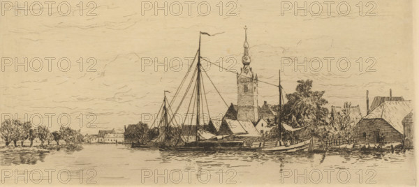 View of Overschie, Le village d'Overschie (original title), La Hollande (original series title), print, Village view by the water. In the center the tower of the Dutch Reformed Church., printmaker: Carel Nicolaas Storm van 's-Gravesande, c. 1877, Carel Nicolaas Storm van 's-Gravesande, printmaker, paper, etching, intaglio printmaking technique, height 130 mm x width 267 mm, parts of church exterior and annexes: tower, canals, waters (in village), Rotterdam, Overschie, A wide riverside scene rendered in fine linework shows a calm body of water in the foreground with reflected ripples, a large sailing vessel moored near the bank with tall masts and rigging, smaller boats alongside, a cluster of buildings with pitched roofs behind the boats, and a prominent tower with an ornate spire rising above the rooftops; trees and shrubs frame the right side near a wooden structure, a row of trees lines the distant left bank, and a lightly sketched sky with thin, horizontal cloud lines fills the upp...