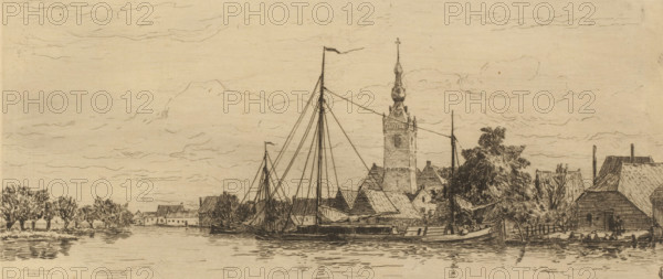 View of Overschie, Le village d'Overschie (original title), La Hollande (original series title), print, Village view by the water. In the center the tower of the Dutch Reformed Church., printmaker: Carel Nicolaas Storm van 's-Gravesande, c. 1877, Carel Nicolaas Storm van 's-Gravesande, printmaker, paper, etching, intaglio printmaking technique, height 128 mm x width 268 mm, parts of church exterior and annexes: tower, canals, waters (in village), Rotterdam, Overschie, A sepia-toned sketch of a riverside village showing a calm water foreground with reflected lines, a long sailboat moored along the bank with tall masts and rigging, clustered gabled buildings and thatched roofs behind the boat, and a prominent tower with an ornate spire rising above the rooftops. Trees and shrubs frame both sides of the village, simple wooden fences and small boats or barges sit along the shore, and a sky with light, wispy cloud lines stretches across the upper portion of the scene.