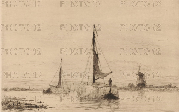 Le Vecht près de Weesp (original title), Boats with hay on the Vecht near Weesp, La Hollande (original series title), print, A windmill on the right bank., printmaker: Carel Nicolaas Storm van 's-Gravesande, c. 1880, Carel Nicolaas Storm van 's-Gravesande, paper, etching, drypoint, intaglio printmaking technique, height 158 mm x width 230 mm, sailing-ship, sailing-boat, windmill in landscape, river, Weesp, Vecht, A sepia-toned etching of a calm river scene showing three sailboats with tall masts and furled sails floating near the bank, one boat in the foreground with a figure standing on a raised covered cargo area, another smaller boat slightly behind it, and a third boat farther left. Low reeds and marshy vegetation appear along the near shoreline, and a windmill with a simple structure and angled sails stands on the opposite bank to the right. Fine horizontal lines suggest a tranquil water surface and faint, wispy cloud lines cross the pale sky.