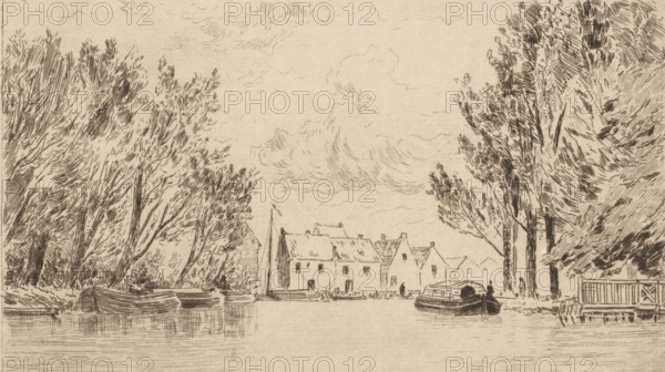 View of Crooswijk, Crooswijh (Faubourg de Rotterdam) (original title), print, View of the Crooswijk district in Rotterdam. In the foreground, boats are in the water., printmaker: Carel Nicolaas Storm van 's-Gravesande, Netherlands, c. 1880, Carel Nicolaas Storm van 's-Gravesande, paper, etching, intaglio printmaking technique, height 150 mm x width 257 mm, canals, waters (in city) (city(-scape) with figures, staffage), Rotterdam, Crooswijk, A sepia-toned ink drawing shows a calm waterway bordered by tall, densely sketched trees on both sides, with clusters of boats moored along the banks and reflections in the water; a small row of simple gabled houses and a sailboat are visible in the middle distance between the trees, and a few small human figures stand near the shoreline; the sky is filled with lightly hatched, swirling cloud patterns.