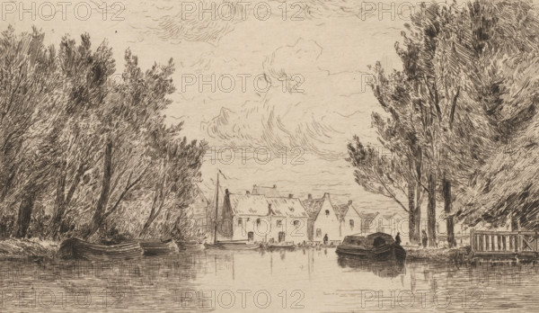 View of Crooswijk, Crooswijh (Faubourg de Rotterdam) (original title), print, View of the Crooswijk district in Rotterdam. In the foreground, boats are in the water., printmaker: Carel Nicolaas Storm van 's-Gravesande, Netherlands, c. 1880, Carel Nicolaas Storm van 's-Gravesande, paper, etching, intaglio printmaking technique, height 149 mm x width 256 mm, canals, waters (in city) (city(-scape) with figures, staffage), Rotterdam, Crooswijk, A sepia-toned etching shows a calm river scene framed by tall trees with dense, textured foliage on both sides, their trunks and branches rendered with short, overlapping strokes; small rowboats and a larger covered boat float on the water, their reflections visible on the rippled surface; across the water a cluster of simple gabled buildings lines the bank, with a few small human figures near the shore; a dock or wooden fence appears at the right edge; the sky above is filled with gently curved, sketchy cloud forms.