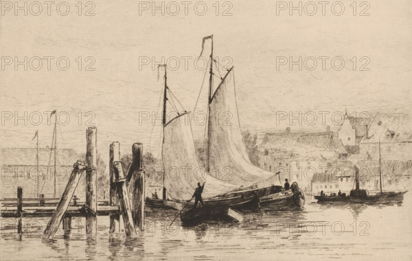 Dans le port de Dordrecht (original title), Haven in Dordrecht, print, Links een steiger, in het midden zeilboten., printmaker: Carel Nicolaas Storm van 's-Gravesande, Netherlands, c. 1880, Carel Nicolaas Storm van 's-Gravesande, paper, etching, intaglio printmaking technique, height 170 mm x width 280 mm, harbour, Dordrecht, A monochrome drawing of a harbor scene with two large sailboats in the center, their sails raised and curved, small figures standing and working on the boats, a smaller rowboat in the foreground, wooden pilings and a dock structure on the left with reflections in the water, additional boats along the right edge, and a backdrop of buildings with pitched roofs and a stepped gable skyline under a lightly sketched sky.