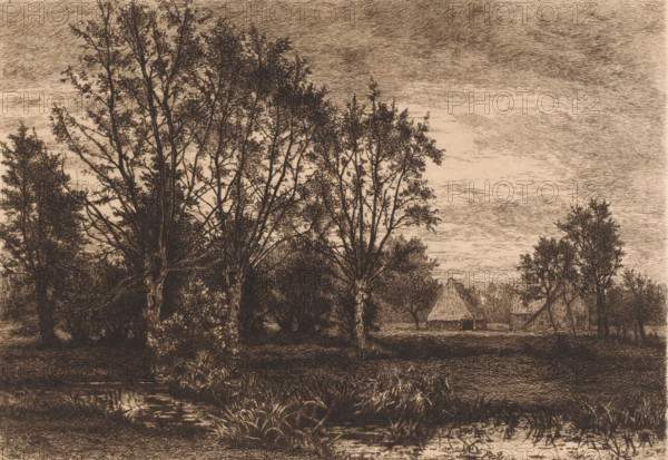 Landscape with four willows and a brook, print, mark: 'Antwerpsche etsers 1880', printmaker: Alfred Elsen, 1881, paper, etching, intaglio printmaking technique, etching with plate tone, height 235 mm x width 330 mm, farm or solitary house in landscape, brook, trees: willow, A detailed sepia-toned landscape drawing shows tall, slender trees with bare branches and clusters of leaves in the foreground, their trunks and fine twigs rendered with delicate crosshatching; a small body of water with reflected ripples and tufts of reeds and grasses sits at the bottom edge; beyond the trees a clearing reveals simple thatched-roof structures partially obscured by more trees and shrubs; the sky above is filled with layered, textured clouds created by dense, flowing lines.