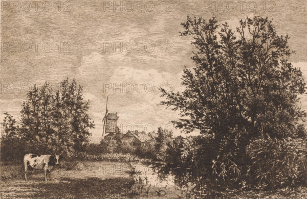 Landscape with windmill and cow, print, mark: 'Antwerpsche Etsers 1880', printmaker: Alfred Elsen, 1860 - 1910, paper, etching, intaglio printmaking technique, etching with plate tone, height 202 mm x width 300 mm, windmill in landscape, cow, A sepia-toned landscape scene showing a marshy foreground with a grazing spotted cow near a shallow reflective water channel, tall grasses and reeds along the water’s edge, a cluster of trees with detailed branches and foliage framing the right side and another group of trees toward the left, a row of low-roofed buildings partially obscured by trees in the middle distance, and a windmill tower with a visible blade rising above the rooftops against a sky filled with fine, textured cloud and atmospheric line work.