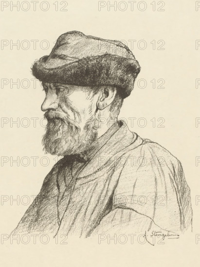 Pastor's profile (original title on object), Portrait of a man with a short beard and a cap, print, Lower left a remarque with a woman's portrait., printmaker: Alphonse Stengelin (signed by artist), 1876 - 1910, paper, lithography, height 480 mm x width 327 mm, head-gear: cap (men's clothes), A monochrome sketch of an older man in profile facing left, wearing a textured cap with a rounded crown and a thick band, a full beard and mustache with visible individual hairs, a pronounced nose and closed lips, a visible ear with short hair behind it, and draped clothing with folds and parallel line shading across the shoulder and upper torso.