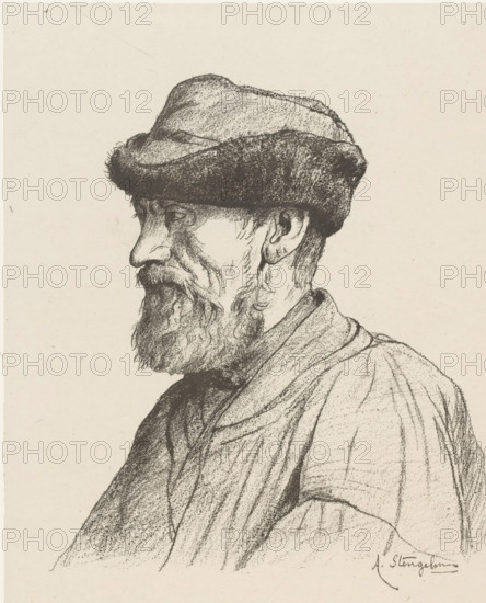 Portrait of a man with a short beard and a cap, Profil de paysan (original title on object), print, printmaker: Alphonse Stengelin (signed by artist), 1876 - 1910, paper, chine collé, lithography, height 451 mm x width 318 mm, historical persons not known by name, head-gear: cap (men's clothes), A monochrome pencil drawing of an older man in profile facing left, wearing a soft cap with a wide band and a textured top, a full beard and mustache with visible individual hair strokes, a prominent nose, and a lined cheek and neck. His ear and short hair at the side are sketched with fine lines. He is shown wearing a draped garment with folds and shading that suggest layered fabric across his shoulder and chest. The background is plain and unadorned.