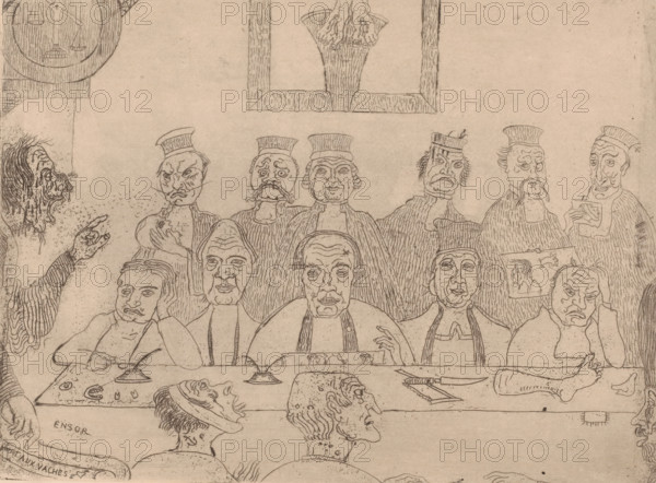 The good judges, Jury members at a long table with judges behind them, print, printmaker: James Ensor, 1894, paper, etching, intaglio printmaking technique, drypoint, drypoint and plate tone, height 180 mm x width 240 mm, jury, art contest, A wide horizontal drawing showing a crowded scene of seated figures with expressive faces and varied headwear arranged behind a long table. The figures have finely hatched lines defining facial wrinkles, hair, and clothing, and several wear tall caps while others display different hairstyles and facial hair. On the table are disembodied heads, plates, and a long knife, and a pair of hands rest on the table edge. To the left a standing figure with an open mouth gestures toward the seated group, and two heads in profile appear in the foreground facing each other. Above the group a framed object hangs on the wall and part of a circular emblem is visible near the top corner. The overall image is rendered in thin ink lines on a textured, pale background.
