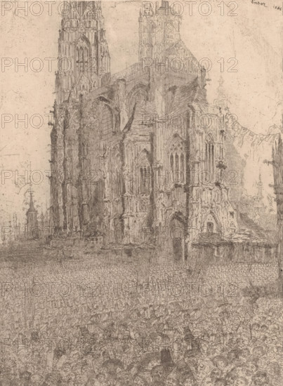 The Cathedral, Crowd in a square near a cathedral, print, The crowd consists of soldiers in costume lined up in rows and the people., printmaker: James Ensor, 1886, paper, etching, intaglio printmaking technique, etching with plate tone, height 245 mm x width 185 mm, public festivities, church (exterior), A detailed pen-and-ink drawing of a large Gothic cathedral fills the upper portion of the image, showing tall pointed towers, arched windows, buttresses, and intricate stonework rendered in fine lines; below the cathedral a dense crowd of small, closely packed heads and torsos stretches across the lower portion, with faces and hats sketched in varied expressions; the overall palette is a sepia-toned paper with dark ink lines and a textured, slightly speckled background.