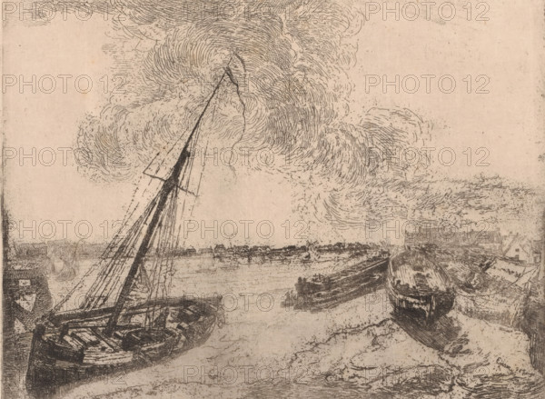 Ships on the bank along a river, Les barques echouées, print, printmaker: James Ensor, 1888, paper, etching, intaglio printmaking technique, etching with plate tone, height 180 mm x width 239 mm, river, ships, boats on land, beached, An etching of a riverside scene showing several small boats moored near a shoreline, with one boat in the foreground at an angle and another nearby, masts and rigging rising from the boats, a cluster of swirling, textured clouds filling much of the sky, a distant low shoreline or town across the water, and various linear etching marks indicating water ripples and shore details.