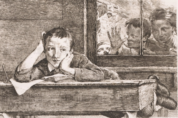Three children look through a window at a boy leaning over a school desk, print, inscription: '4me Etat', printmaker: Edgard Farasyn (signed by artist), 1868 - 1910, paper, etching, intaglio printmaking technique, etching with plate tone, height 215 mm, width 290 mm, writing-table, writing-desk, elementary school, class, form, closed window, child (four persons), A sepia-toned drawing shows a boy leaning on a wooden desk with his head resting on one hand and the other hand propping his cheek, his elbow on an open book and a cloth draped over the desk edge; behind a window to his right, three children press close to the glass, one with a raised hand, another holding a small rectangular object, and a third peering with only the face visible, while the background features textured wooden panels and a narrow vertical post separating the window panes.