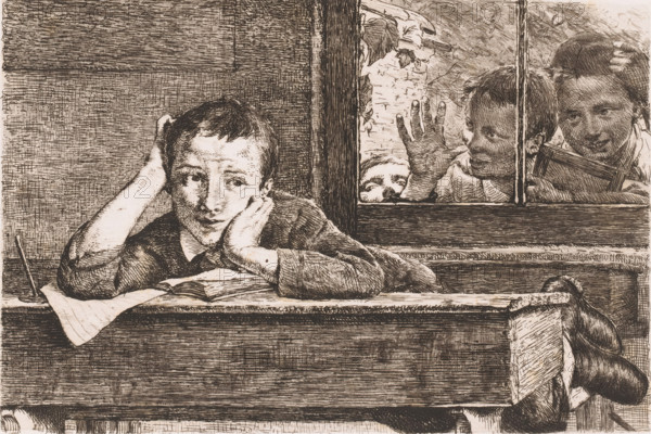 Three children look through a window at a boy leaning over a school desk, print, inscription: '5me Etat', printmaker: Edgard Farasyn (signed by artist), 1868 - 1910, paper, etching, intaglio printmaking technique, etching with plate tone, height 240 mm x width 289 mm, writing-table, writing-desk, elementary school, class, form, closed window, child (four persons), A monochrome etching shows a boy leaning on a desk with his head resting on one hand and the other hand supporting his cheek, his expression turned toward the viewer and his eyes looking slightly upward, with a book and loose papers on the desk in front of him and an inkwell and quill to the side. Through a window beside him, three children press close to the glass; one child faces forward with a hand raised against the pane, another holds a small rectangular object and looks in, and a third peeks over the sill with only the face visible. The scene is rendered with dense crosshatching and linear textures that define the woode...