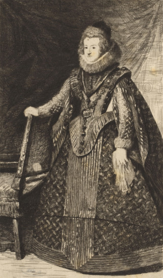 Portrait of Elisabeth of Bourbon, print, Hippert&Linnig 206, printmaker: Léopold Flameng, after painting by Diego Rodriguez de Silva y Velázquez, 1874, paper, etching, drypoint, intaglio printmaking technique, height 253 mm x width 157 mm, Person, Elisabeth of France (Queen of Spain and Portugal), historical persons - BB - woman, A full-length engraved portrait of a person wearing an ornate, patterned robe with a long pleated front panel and a heavy decorative collar, standing with one hand resting on the back of a carved chair and the other holding a muff; the figure has a high ruff around the neck, a curled hairstyle, and a calm facial expression; the robe and cape feature repeated leaf-like motifs and textured shading, and a pendant hangs at the chest; the background shows draped fabric on one side and dark cross-hatched shading on the other.