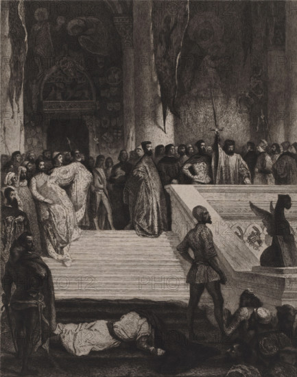 Execution of the Doge Marino Faliero, Marino Faliero, print, printmaker: Léopold Flameng, after painting by Eugène Delacroix, printer (person): Alfred Salmon, Paris, 1864, printer (person), paper, chine collé, etching, drypoint, height 318 mm x width 219 mm, A large group of people clustered on a wide stone staircase and landing inside a dim, vaulted interior, many wearing long robes, cloaks, and head coverings with varied textures and patterns; a central figure in a richly patterned cloak stands near the top of the steps while another holds a tall staff with a draped banner, and several figures nearby wear capes and tunics with decorative sleeves; to the right a stone balustrade leads down past a sculpted winged creature perched on the edge, and a man in short tights stands with hands on hips looking upward; at the lower foreground a man lies prone on the floor with folded limbs and a turbaned head, and a small group of seated or crouching figures gather near him; the background shows...