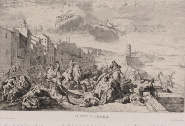 The Bully of Marseille, Victims of the bubonic plague are being disposed of in La Tourette, Marseille, print, In the La Tourette district, the bodies of the plague victims are being disposed of by galley rowers and soldiers under the leadership of Nicolas Roze (Chevalier Roze). Unfree laborers were primarily used on the galleys. Many of the rowers were Muslim galley slaves, recognizable as such by their ankle shackles and the typical hairstyle (head shaved bald except for a lock) that they were required to have. This distinguished them from, for example, political prisoners who had been sentenced to the galleys. The galley rowers who helped clear the plague victims in Marseille were promised freedom in return, but the majority of them succumbed to the disease themselves., printmaker: Léopold Flameng, after painting by Jean-François de Troy, printer (person): Alfred Salmon, Paris, 1860, printer (person), paper, chine collé, etching, height 210 mm x width 318 mm, Other state of print use...