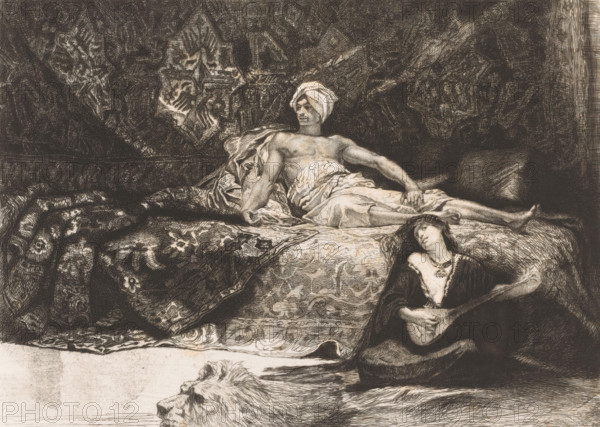 Interior of a harem, Hassan et Numouna, print, printmaker: Léopold Flameng, after painting by Henri Alexandre George Regnault, 1872, paper, chine collé, etching, drypoint, intaglio printmaking technique, height 237 mm x width 288 mm, harem, A detailed monochrome illustration shows a reclining shirtless man wearing a wrapped cloth around his waist and a turban on his head, lying on an ornate patterned bed with textured blankets and cushions; beside him a seated woman in dark clothing and a decorative neckline leans back while holding a stringed instrument, her head tilted and eyes partially closed; in the foreground a large animal skin with a sculpted head rests on the floor; the background is filled with densely crosshatched shadows and intricate textile patterns.