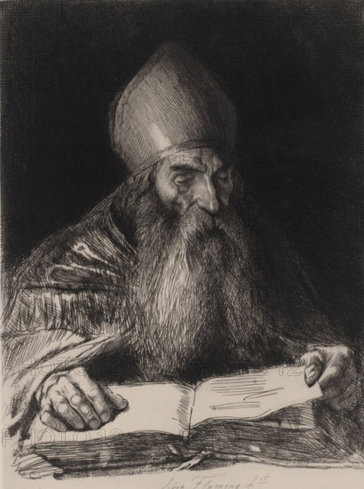 Bearded man with a miter reading a book, print, printmaker: Léopold Flameng, 1841 - 1910, paper, chine collé, etching, drypoint, intaglio printmaking technique, height 297 mm x width 220 mm, reading the Bible or other religious books, insignia of bishop, eg miter, crozier, A monochrome etched portrait shows an elderly bearded man wearing a tall rounded hat and a heavy robe, his head bowed and eyes lowered toward an open book he holds; his long beard flows over his chest, his hands rest on the pages, and the background is densely crosshatched dark.