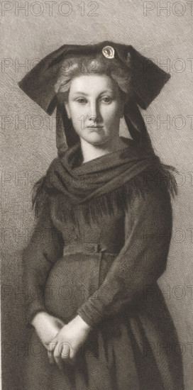 Portrait of an unknown woman in Alsatian costume, print, annotation: 'L'Alsace Lorraine, ep. d'artiste', printmaker: Léopold Flameng, 1841 - 1910, paper, etching, proof, height 450 mm x width 242 mm, folk costume, regional costume, anonymous historical person depicted alone - BB - woman, A monochrome engraved portrait of a young woman shown from head to mid-thigh wearing a dark, wide-brimmed hat with a rounded decorative element on the front and long ribbons draping down the sides. Her hair is pulled back and softly waved at the temples, and she has a neutral facial expression with eyes looking forward. She is dressed in a dark garment with a shawl wrapped around her shoulders and a fitted bodice cinched at the waist. Her hands are clasped together at her lower abdomen, and the image is made up of fine cross-hatched lines creating shading and texture throughout the figure and background.