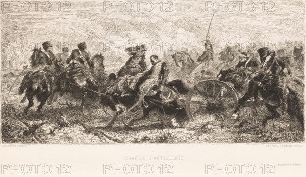Charge d'artillerie, Loss of artillery, print, printmaker: Léopold Flameng, after painting by Christian Adolf Schreyer, printer (person): Alfred Salmon, Paris, 1865, Léopold Flameng, Christian Adolf Schreyer, Alfred Salmon, printmaker, after painting by, printer (person), paper, chine collé, etching, height 188 mm x width 336 mm, A detailed monochrome engraving shows a chaotic battlefield scene with multiple horses and mounted soldiers engaged around a large wooden-wheeled gun carriage. Horses rear and lunge, their bridles and harnesses rendered with fine lines, while riders in varied military uniforms clutch reins and sabers. One central figure appears slumped on a horse near the carriage, while other riders strain to control animals or push the gun forward. Cloudy smoke and swirling lines fill the sky above a crowded backdrop of additional mounted figures and distant silhouettes. The ground is rough with tufts of grass and disturbed earth, and the composition features dense crosshatc...