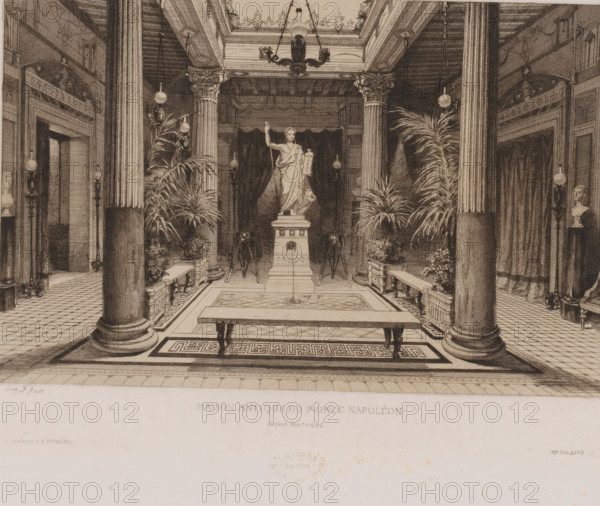 Maison antique du prince Napoleon avenue Montaigne, Interior with a statue of Napoleon in the middle, Paris qui s'en va et Paris qui vient, Paris comes and Paris goes, print, Series number, 5, 25, workshop stamp: 'A. Cadart editor 3 Rue St. Fiacre Paris', printmaker: Léopold Flameng, printer (person): Delâtre, Paris, publisher: Alfred Cadart, 1859, Léopold Flameng, Delâtre, Alfred Cadart, printmaker, printer (person), publisher, paper, chine collé, etching, height 188 mm x width 267 mm, interior of the house, An interior scene drawn in fine lines shows a symmetrical room with tall fluted columns supporting an ornate coffered ceiling and a central chandelier, a raised pedestal in the middle bearing a draped statue holding a staff, curtains behind the statue, and a shallow rectangular pool or fountain in front of the pedestal surrounded by a patterned border and low benches, potted plants and tall leafy palms flanking the central axis, pairs of standing lamps with globes along the sides,...