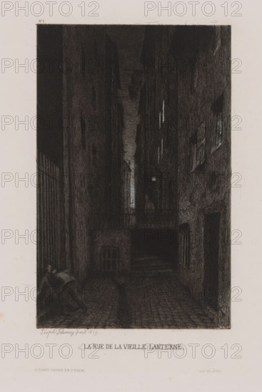 La Rue de la Vieille Lanterne, Two men come to blows in a dark street while a third man watches from a distance, Paris comes and Paris goes, Paris qui s'en va et Paris qui vient, print, Series number, 3, 25, workshop stamp: 'A. Cadart editeur 3 rue St. Fiacre Paris', printmaker: Léopold Flameng, printer (person): Delâtre, publisher: Alfred Cadart, 1859, Léopold Flameng, Delâtre, Alfred Cadart, printmaker, printer (person), publisher, paper, chine collé, etching, height 262 mm x width 180 mm, street-fights, riots, Paris, A tall, narrow dark alley framed by high, textured building walls with a cobblestone path leading into deep shadow, faint light visible far down between the walls, a balcony crossing the alley partway back with a silhouetted figure standing on it, a small lantern or light source mounted on the right wall near the balcony, windows set into the right wall and a recessed doorway there, a barred gate or railing on the left side, a person crouched or seated near the left for...